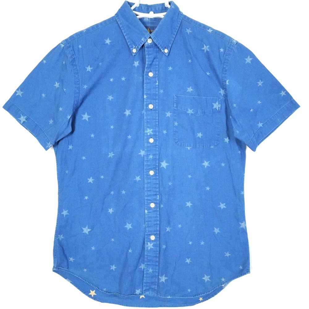 Ralph Lauren Mens Slim Fit Blue Star Print Cotton Short Sleeve Button Down Shirt